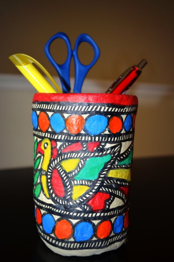 Items similar to Colorful, handmade Paper Mache pencil holder. Support
