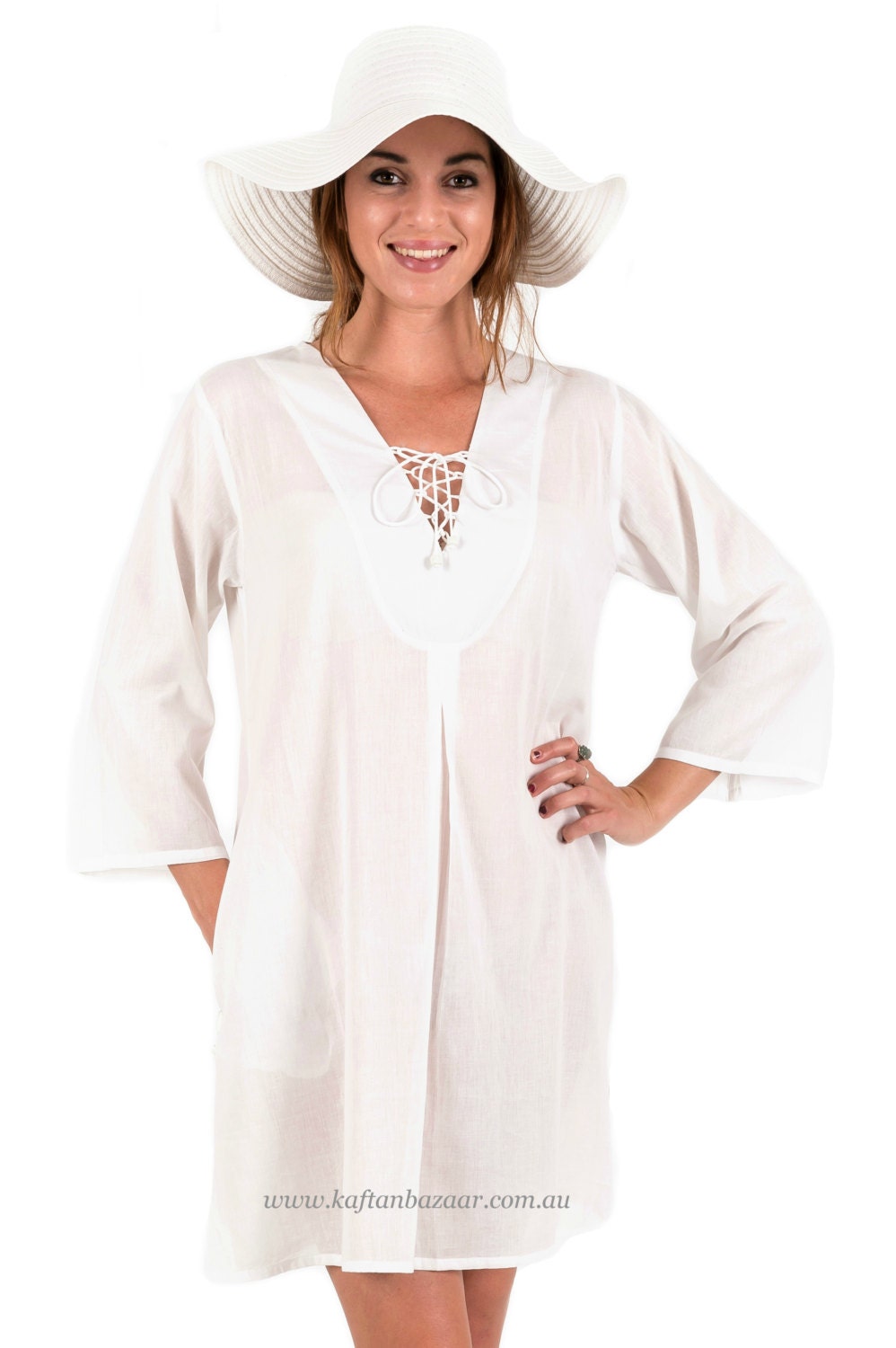 Cotton Beach CoverUp with Zipper Pocket White