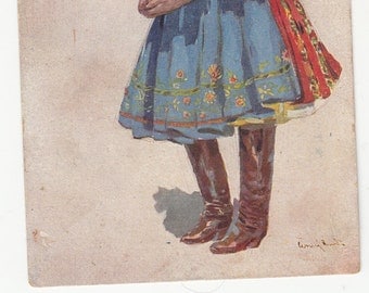 Antique Artist Signed Czechoslovakia Costume Authentic Pretty Lady Fashion 1910 Postcard