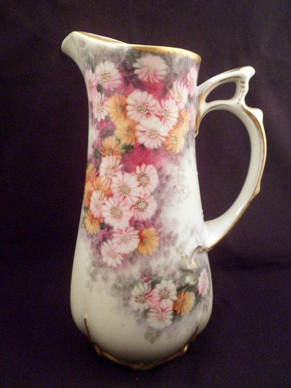 Hand-Painted Porcelain Pitcher Fancy Floral Gold Trim