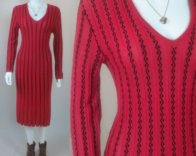 70s pleated vertical knit fluted flared column dress