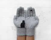 CHRISTMAS, HOLIDAY GIFT, Cat Gloves, Cats, Birds, Pet Lovers, Grey Gloves, Xmas Gift Idea, Winter Gift, Gift For Her, Animals, Cat Lovers