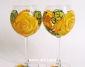 Set of 2 Hand Painted Wine Glasses- Yellow roses pattern. Gift for her. Flowers. Roses. Wedding glasses. Birthday glasses. Mother's day gift