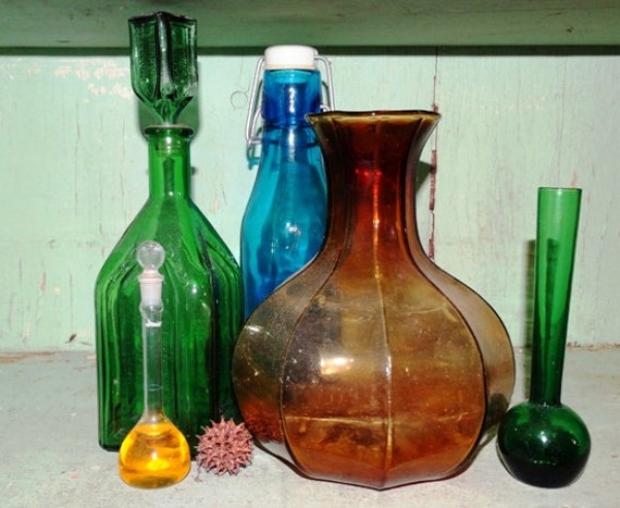 Vintage 1980's Green Glass Liquor Bottle by TheIDconnection