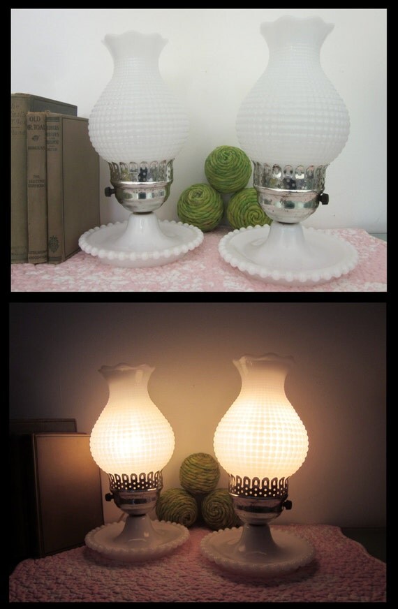 Rustic, milk  hobnail glass Lamps, lamps vintage Glass Pair. Hurricane vintage  Hobnail Milk Tarnished