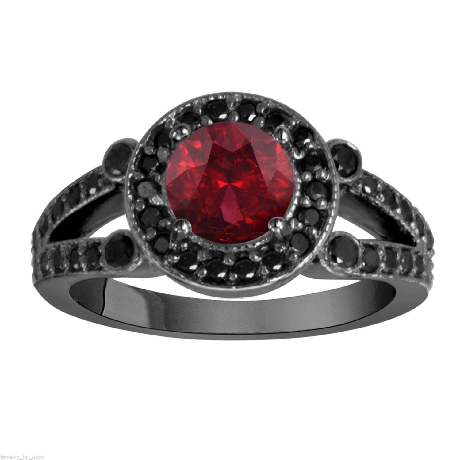 Garnet & Black Diamond Engagement Ring Wedding Ring Vintage