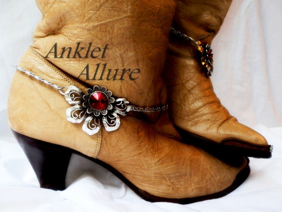 End Of Summer Flower Red Rhinestone Boot Chains Stainless Steel Chains Silver Boot Jewelry by AnkletAllure steampunk buy now online