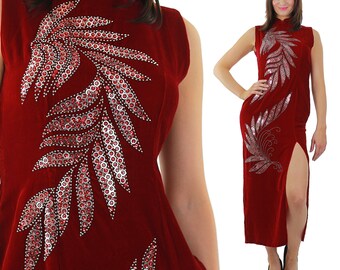 Red velvet dress Sequin studded velvet maxi dress High slit velvet Cocktail party dress velvety high neck L
