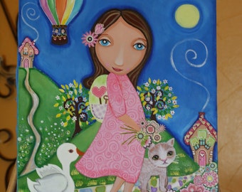 Original Mixed Media Collage painting on canvas, 16 x 12 inch by Evona, Wall Art for Children Decor girl folk art nursery room kids