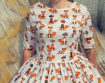 1950’s Style Foxy Foxes Dress, Fox Print, Fantastic Mr Fox, Rockabilly Dress, Vintage Clothing, Vintage Dress, Retro Clothing, Retro Print