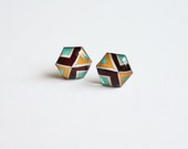 Small hexagon studs, tiny hexagon studs, geometric stud earrings,triangle, green, brown, tribal studs, indie studs, hippie studs,hippy