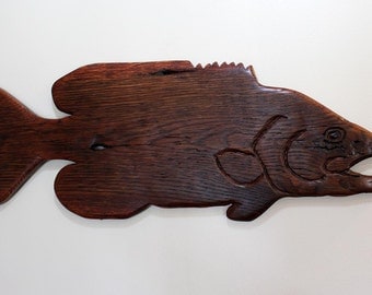 Barnwood Sculpture Smallmouth Bass Fish Wood Carving, 26" x 9", Stained in Red Mahogany Wood Carving Wall Hanging