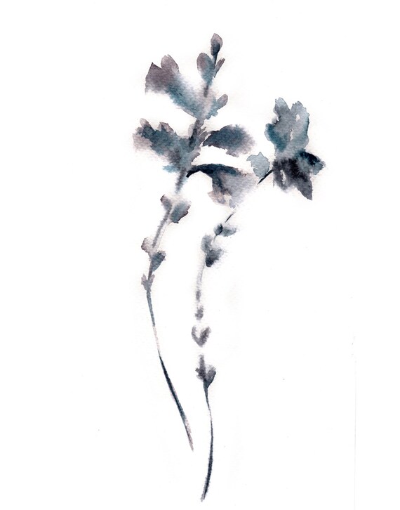 Minimalist Floral Watercolor Painting Art Print, Grey Floral Watercolour Art, Modern Abstract Art
