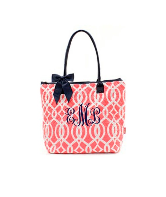 Monogrammed Quilted Vine Tote - CoralWhite with Navy Trim - A Great ...