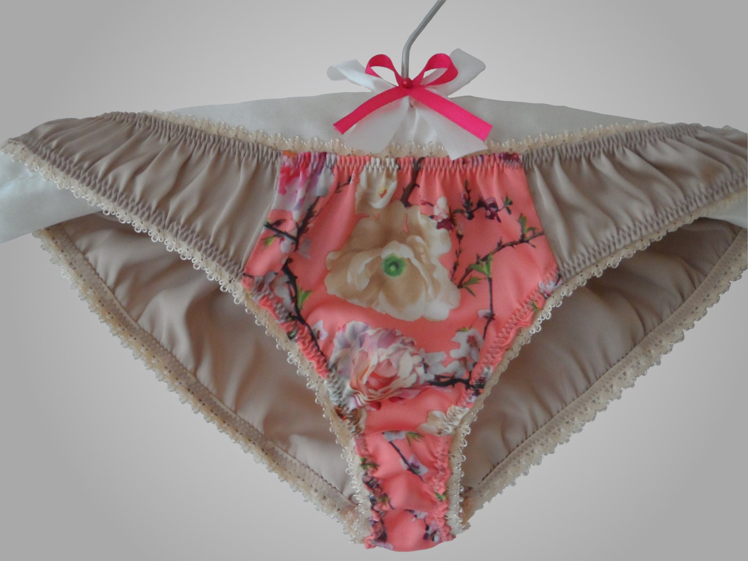 Silk Panties with a Floral Insert Beige Handmade