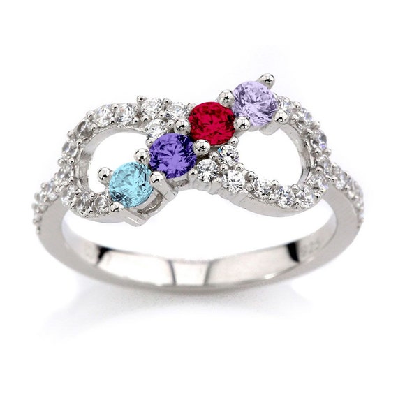 Sterling Silver Personalized Mothers Infinity Ring  w/ 1 2 3 4 5 or 6 Birthstones And Side CZ Accents  Custom Family Jewelry