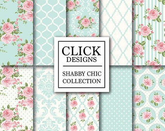 Shabby Chic Digital Paper: "SHABBY POWDER BLUE" Floral scrapbook background, romantic papers with roses, damask for wedding invites, cards