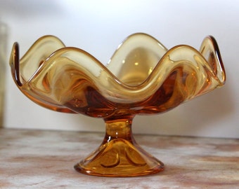 Unique Orange Glass Pedestal Dish, Unique Home Decor, Vintage Dinner Party Decor, Vintage Bar cart Bowl, Scalloped Pedestal Bowl