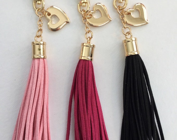 Hot Pink 8cm Rex Rabbit fur pom pom ball keychain or bag pendant with heart charm leather tassel