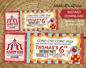 Instant Download- Carnival Circus birthday theme Birthday party Ticket invitation-PDF format-for personal use only