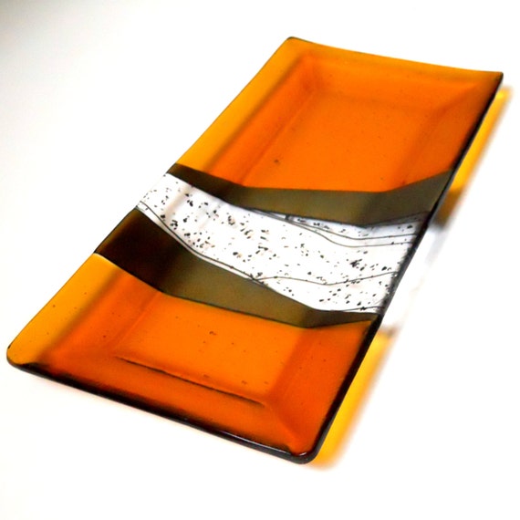 Amber Art Glass Platter or Tray, Iridized Gold and Black Accents 7 x 14 Inches