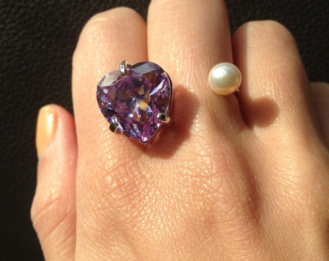 Heart ring Ring with heart Cubic zirconia ring Pearl ring Purple stone ring Cuff ring Silver ring Pretty ring Gift idea