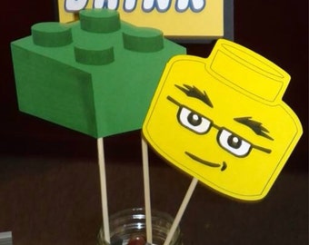 Handmade Lego Birthday Party Cupcake Toppers or Centerpiece Stakes