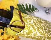 Double Glasses Case, Quilted Rays of Stitching, Yellow/Green Damask, Double Sunglass Case, Protective Padded Center Divider, Slip Style Double Glasses Case, Quilted Rays of Stitching, Yellow/Green Damask, Double Sunglass Case, Protective Padded Center Divider, Slip Style
