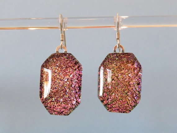 Pink and gold fused dichroic glass geometric dangle earrings on sterling silver ear wires