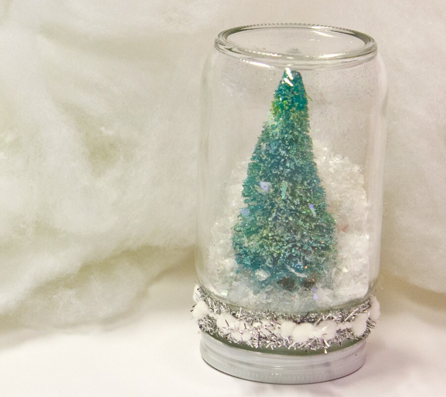 Glittery Tree Dry Snowglobe Christmas Holiday Decor Green Handmade White Half-Pint Small jar waterless