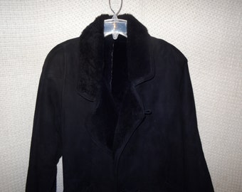 Vintage 1980's Black Suede Overcoat, Faux Fur Collar and Cuffs, Full Length Winter Coat, Size Medium