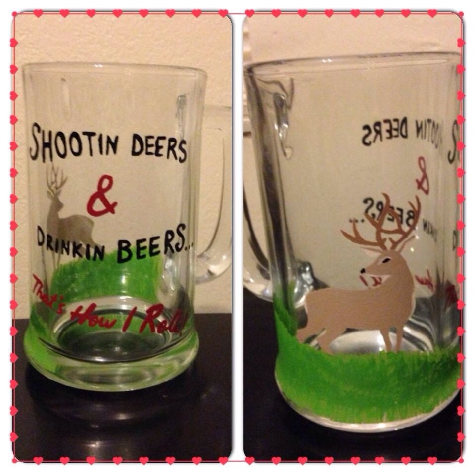 Handpainted hunting beer mug shooting deers & drinking