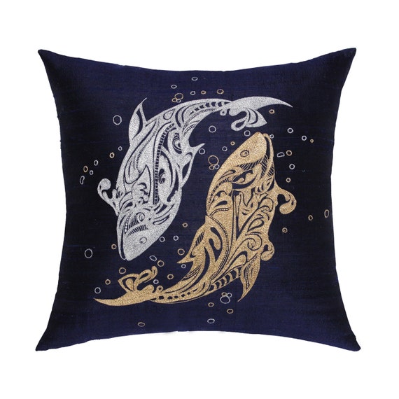 Items similar to Navy Blue Gold & Silver Zodiac Pieces Embroidery Decorative Throw Pillow Couch ...