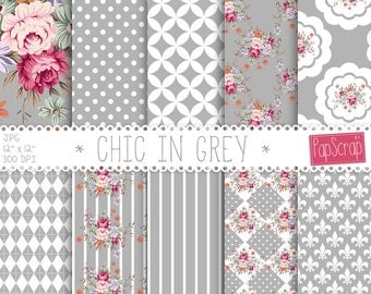 Shabby chic digital paper : "Chic in Grey" floral digital paper with shabby roses on grey, silver background, decoupage paper, roses