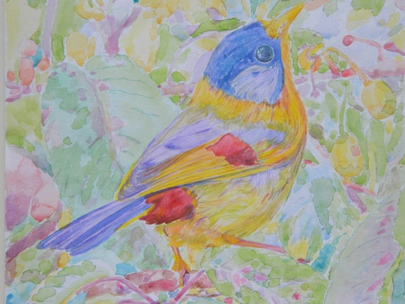 A beautiful naturalistic work with a birdie in nature.Watercolor on paper. Dimensions 26x 26 cm. Original.Αrtwork signed