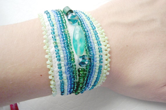 Green Embroidered Bracelet, Unique Bracelet, Chunky Bracelet, Green Beads Bracelet, Leather Bracelet, Spring Jewelry, Statement Bracelet