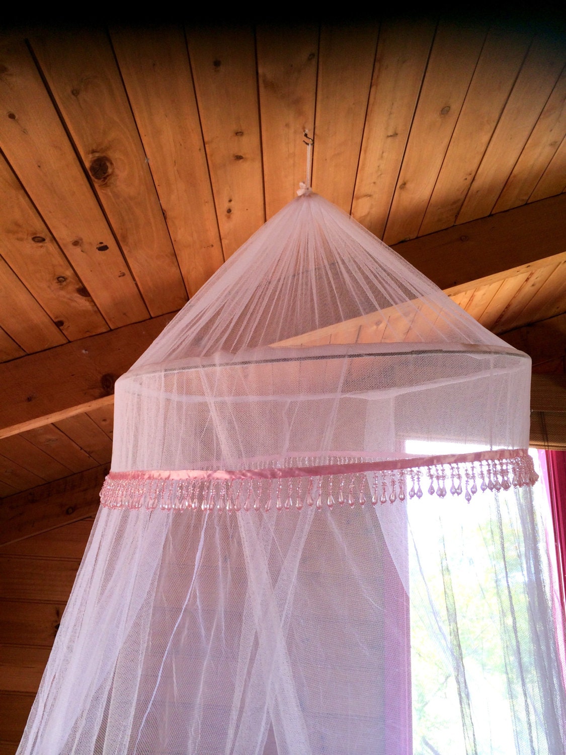 White Mosquito net / bed canopy with a pink beaded