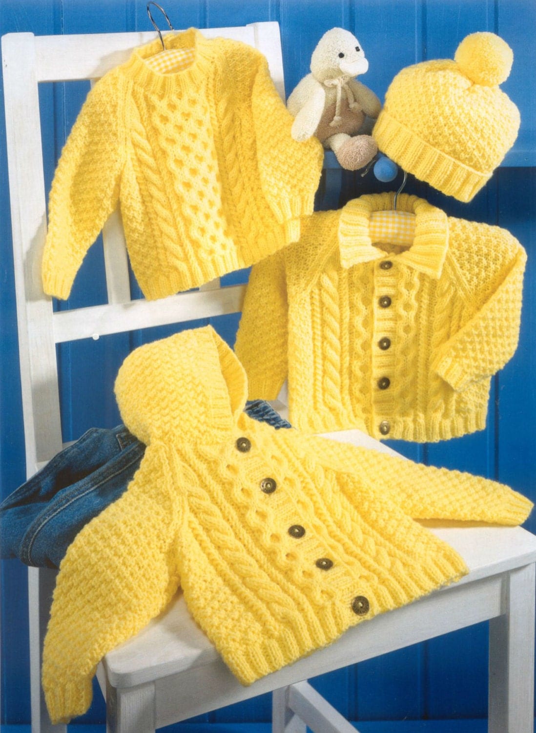 Knit Baby Cabled Cardigan Sweater Hooded Jacket Hat Vintage