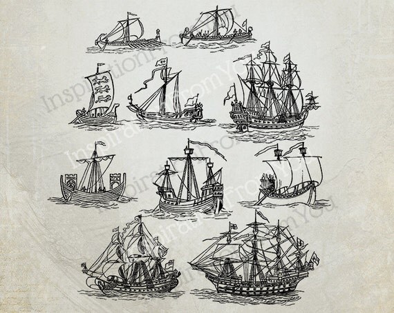 Items similar to VECTOR Vintage drawings of old ships and sail boats