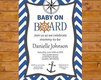 Baby on Board Baby Shower Invitation - Nautical Baby Shower, Nautical Theme Baby Shower - Navy Blue Chevron, Printable, Custom, Digital File