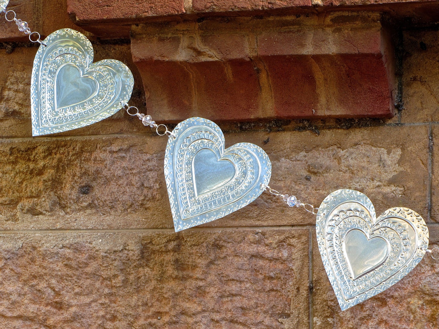 Silver Garland Metal Hearts Intricate Hand by FoilingInLove