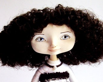 The souvenir interior doll Monochrome OOAK doll Handmade doll Collecting doll Art doll Cloth doll Curly doll Вrunette doll Dressed doll