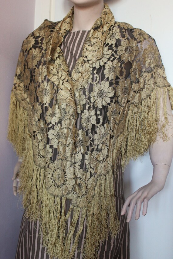 A 1930's Mantilla lace spanish silk shawl hand knotted