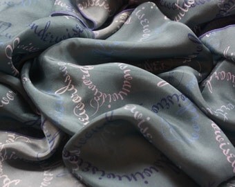 Silk Scarf with calligraphy. Scarf with lettering. Scarf with quotes. Scarf with words.