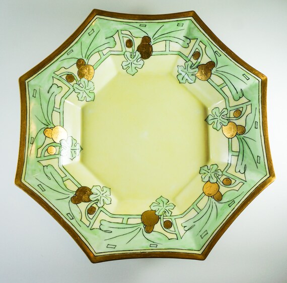 La Seynie Limoges PP France Hand Painted Art Deco Octagon Bowl