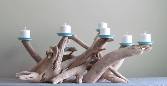 Driftwood Seven Candles Candelabra with Turquoise Plates, Wedding Centerpiece, Table Decor, Beach Decor, Driftwood Art, Driftwood Home Decor