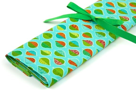 Knitting Needle Case - Mother Earth - IN STOCK Large Organizer 30 lime green pockets for straights, circulars, dpns and notions