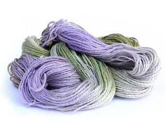 Double knitting yarn, hand dyed DK baby alpaca linen silk blend light worsted crochet yarn skein, Perran Yarns, Sweet Pea, purple green, uk