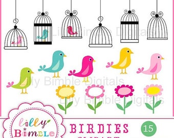 50% off Bird clipart birdcages, whimsical cute bright birds clip art images BIRDIE instand download