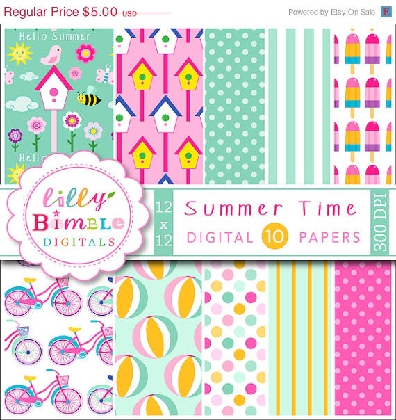 50% off Summer Time digital papers in orange, mint, pink, beach balls, bikes, birdhouses scrapbooking paper INSTANT DOWNLOAD Il_570xn